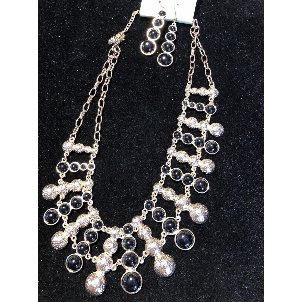 Davinci Statement Black Lucite Beads & Bright Gold Tone Necklace with Earrings